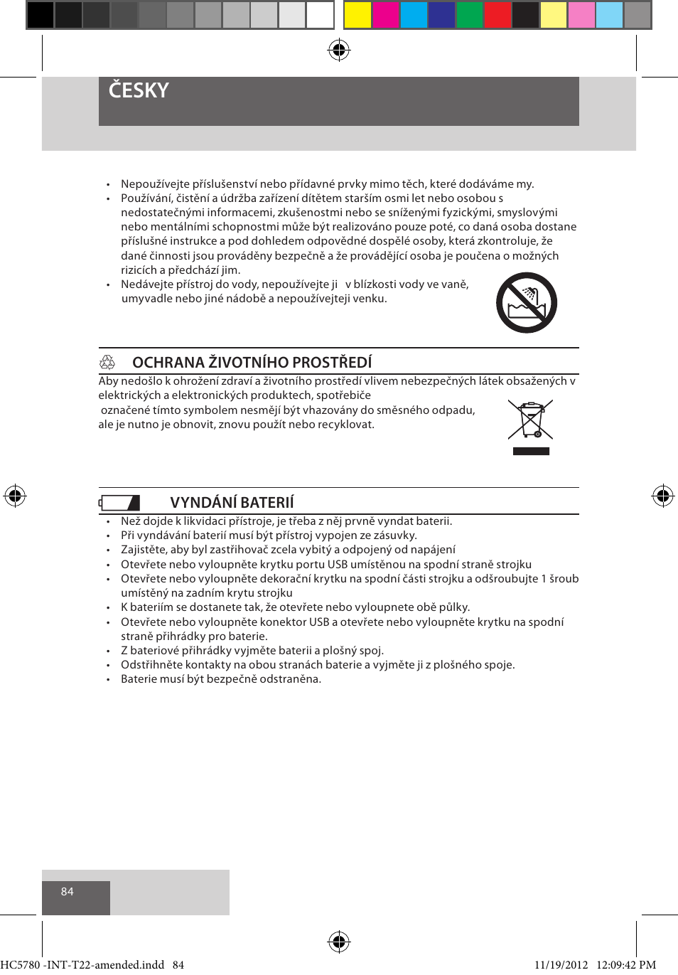 Česky, Hochrana životního prostředí, Vyndání baterií | Remington HC5780 User Manual | Page 84 / 156