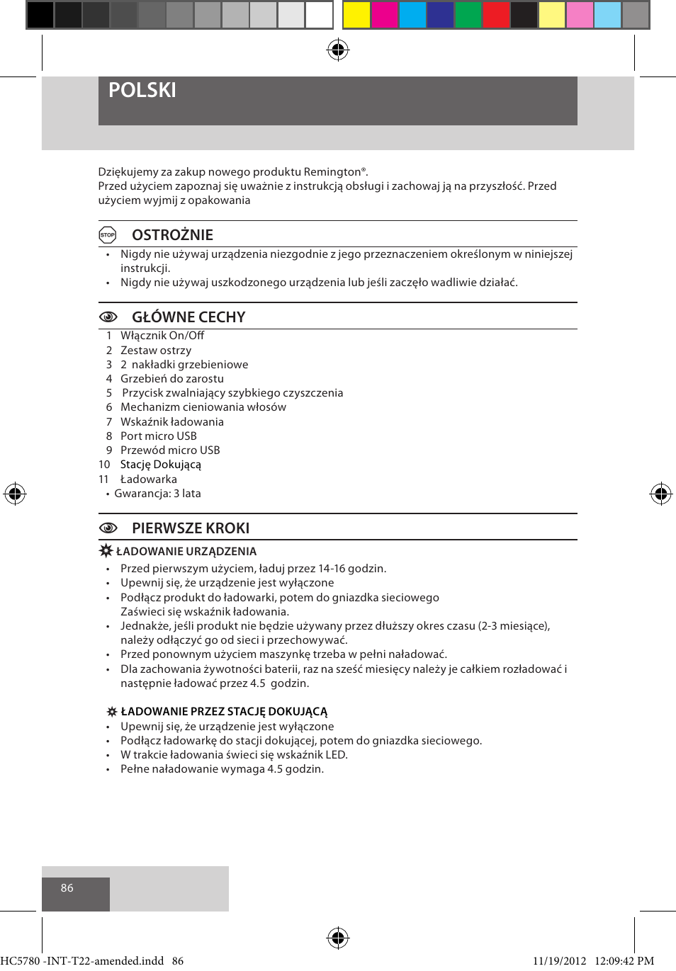 Polski, Aostrożnie, Cgłówne cechy | Cpierwsze kroki | Remington HC5780 User Manual | Page 86 / 156