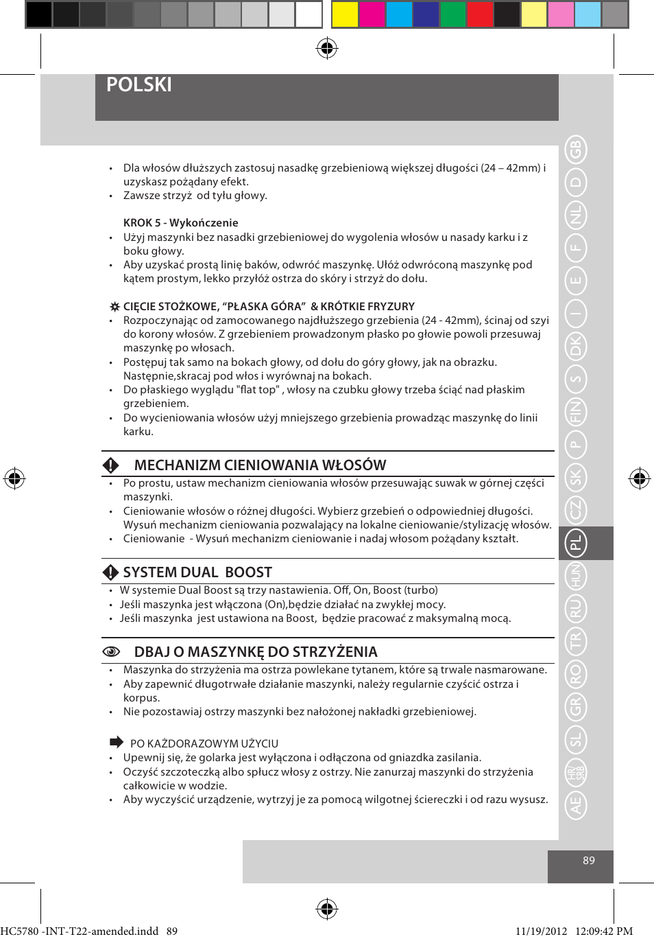 Polski, Fmechanizm cieniowania włosów, Fsystem dual boost | Cdbaj o maszynkę do strzyżenia | Remington HC5780 User Manual | Page 89 / 156