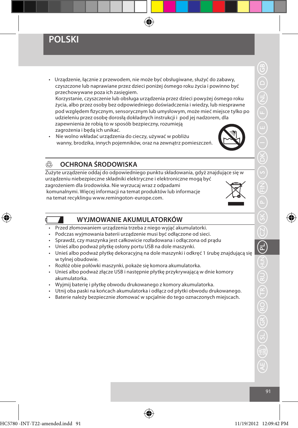 Polski, Hochrona środowiska, Wyjmowanie akumulatorków | Remington HC5780 User Manual | Page 91 / 156