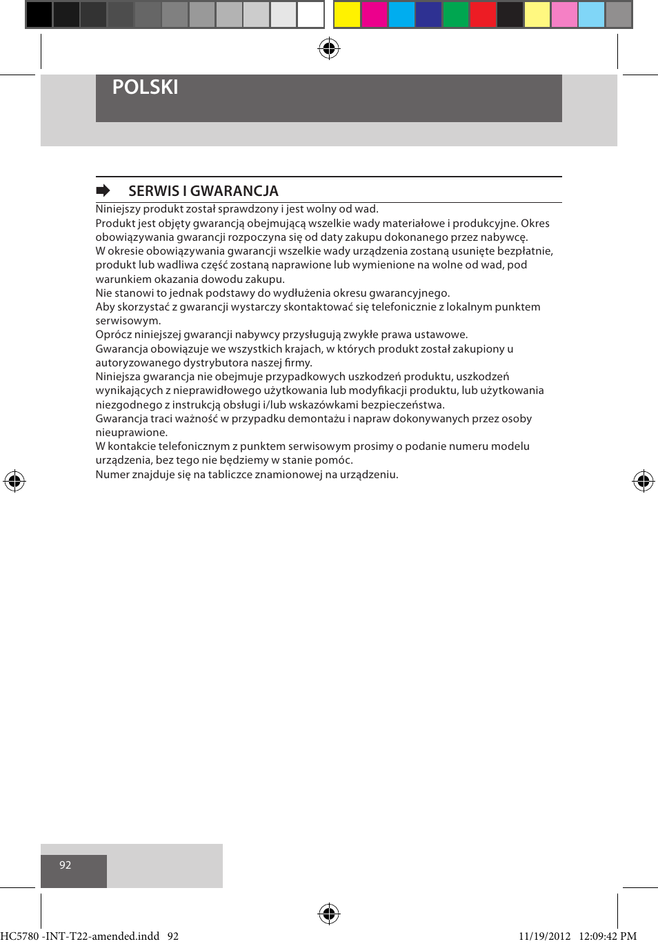 Polski, Eserwis i gwarancja | Remington HC5780 User Manual | Page 92 / 156