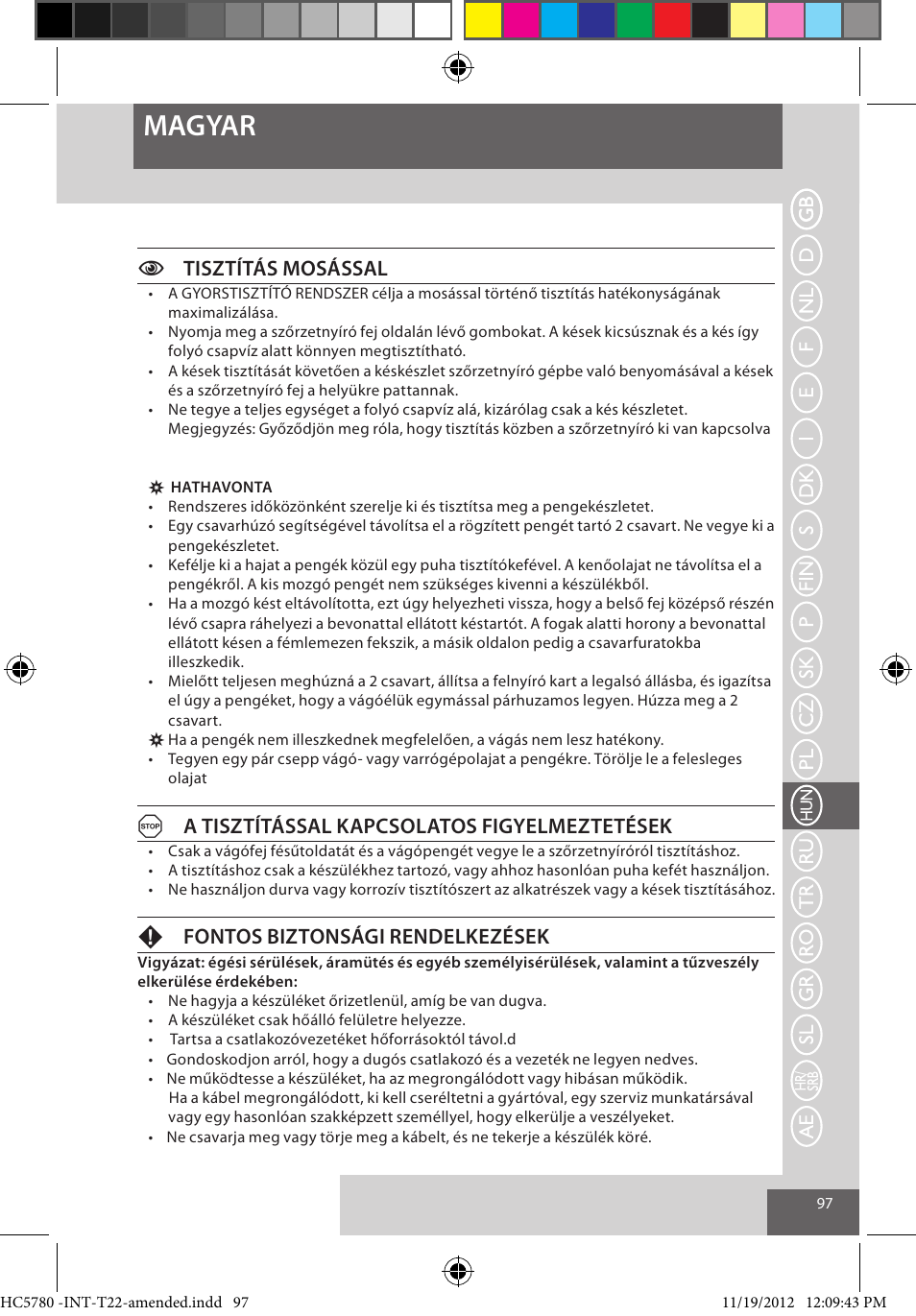 Magyar, Ctisztítás mosással, Aa tisztítással kapcsolatos figyelmeztetések | Ffontos biztonsági rendelkezések | Remington HC5780 User Manual | Page 97 / 156