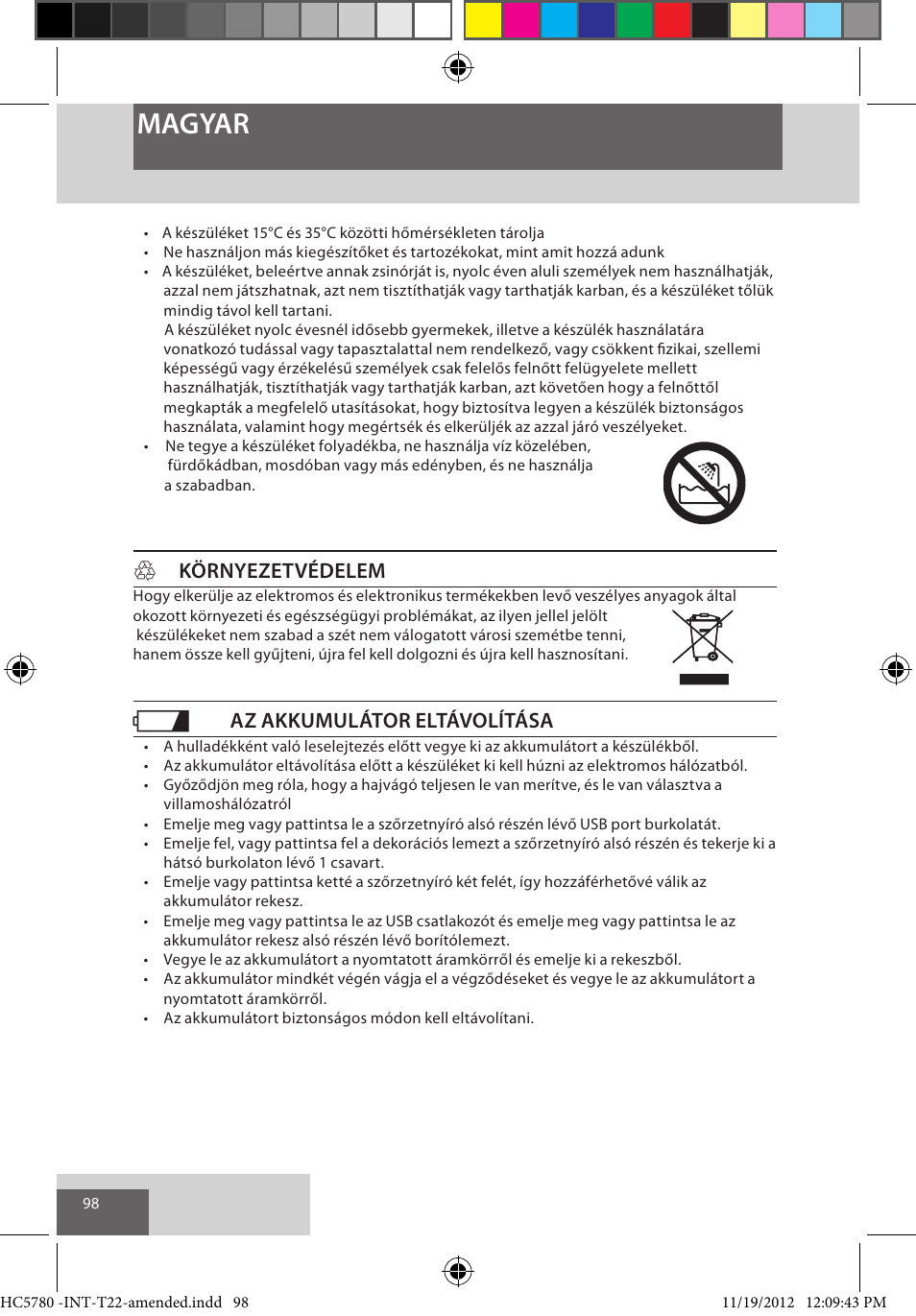 Magyar, Hkörnyezetvédelem, Az akkumulátor eltávolítása | Remington HC5780 User Manual | Page 98 / 156