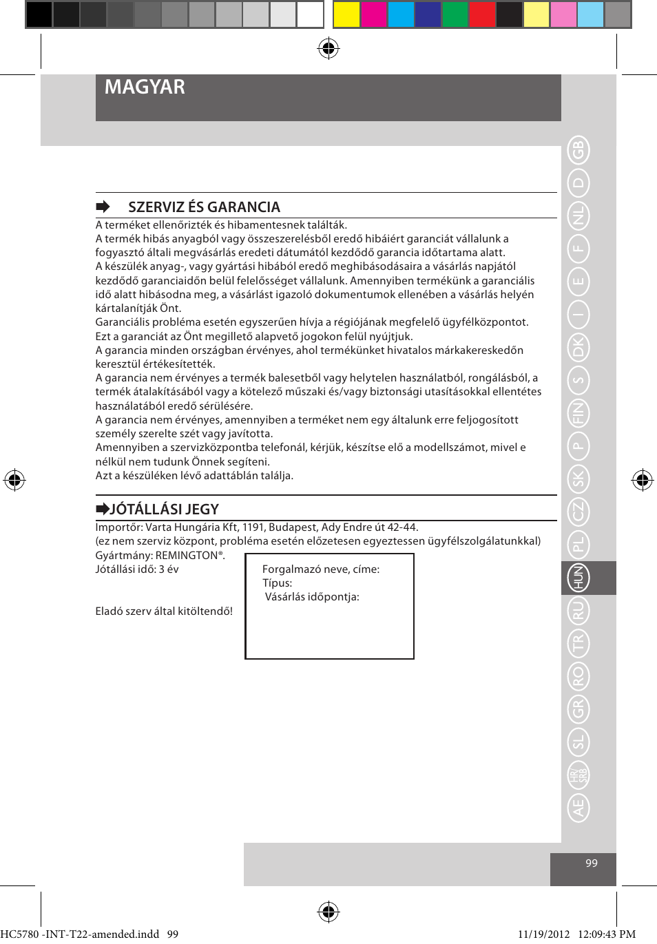 Magyar, Eszerviz és garancia, Ejótállási jegy | Remington HC5780 User Manual | Page 99 / 156