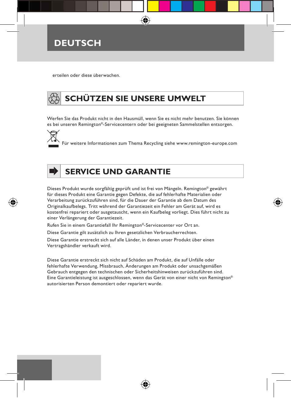 Deutsch, Schützen sie unsere umwelt, Service und garantie | Remington D3710 User Manual | Page 10 / 88