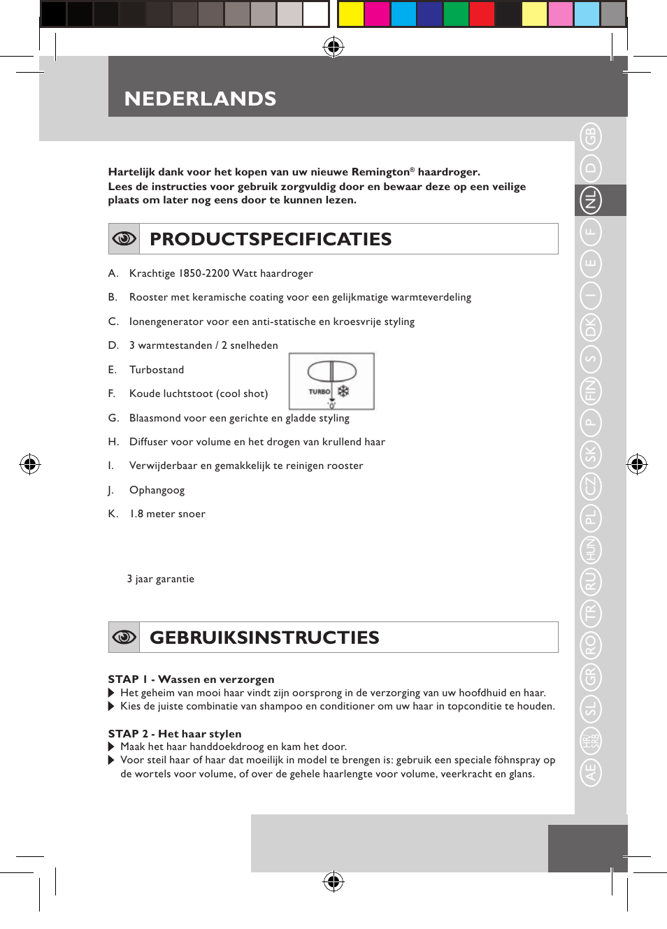 Nederlands, Productspecificaties, Gebruiksinstructies | Remington D3710 User Manual | Page 11 / 88