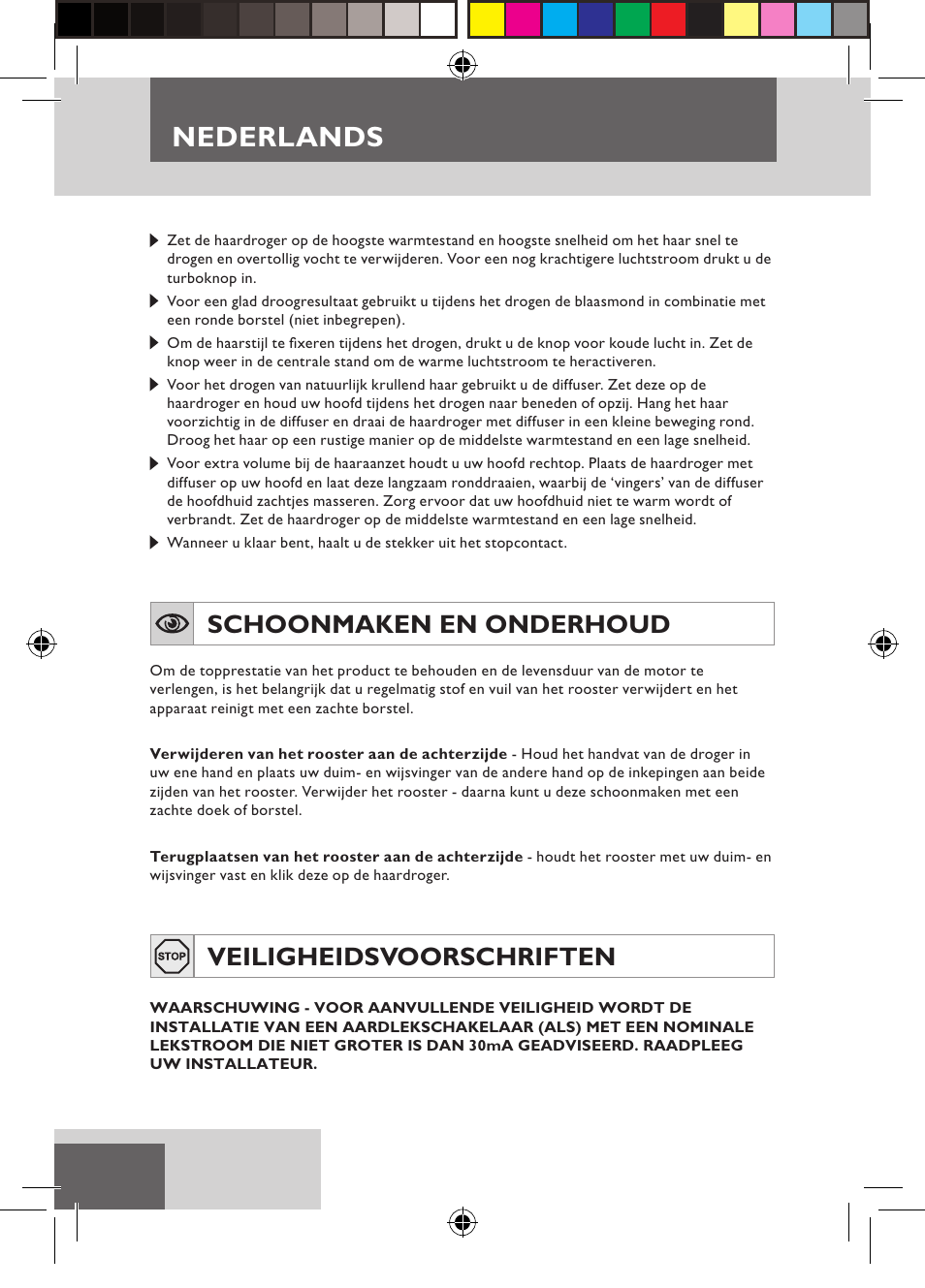 Nederlands, Schoonmaken en onderhoud, Veiligheidsvoorschriften | Remington D3710 User Manual | Page 12 / 88