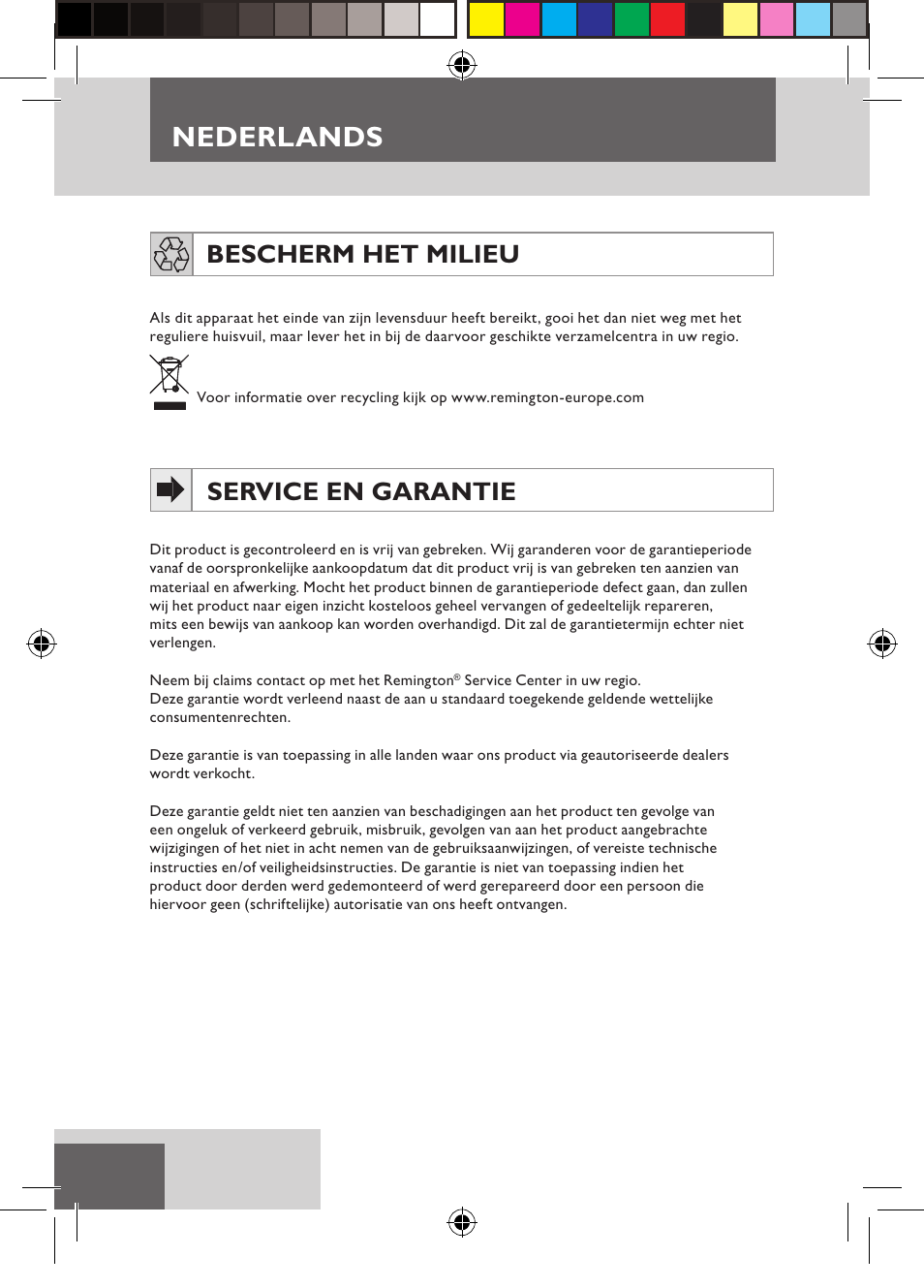 Nederlands, Bescherm het milieu, Service en garantie | Remington D3710 User Manual | Page 14 / 88