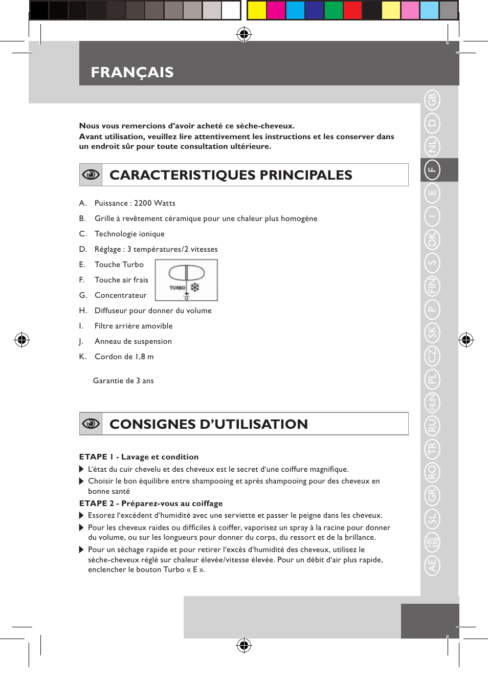 Français, Caracteristiques principales, Consignes d’utilisation | Remington D3710 User Manual | Page 15 / 88