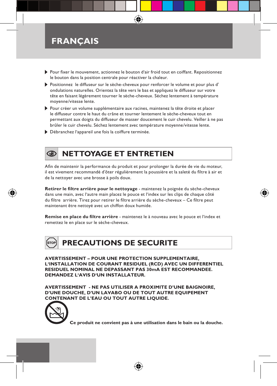 Français, Nettoyage et entretien, Precautions de securite | Remington D3710 User Manual | Page 16 / 88