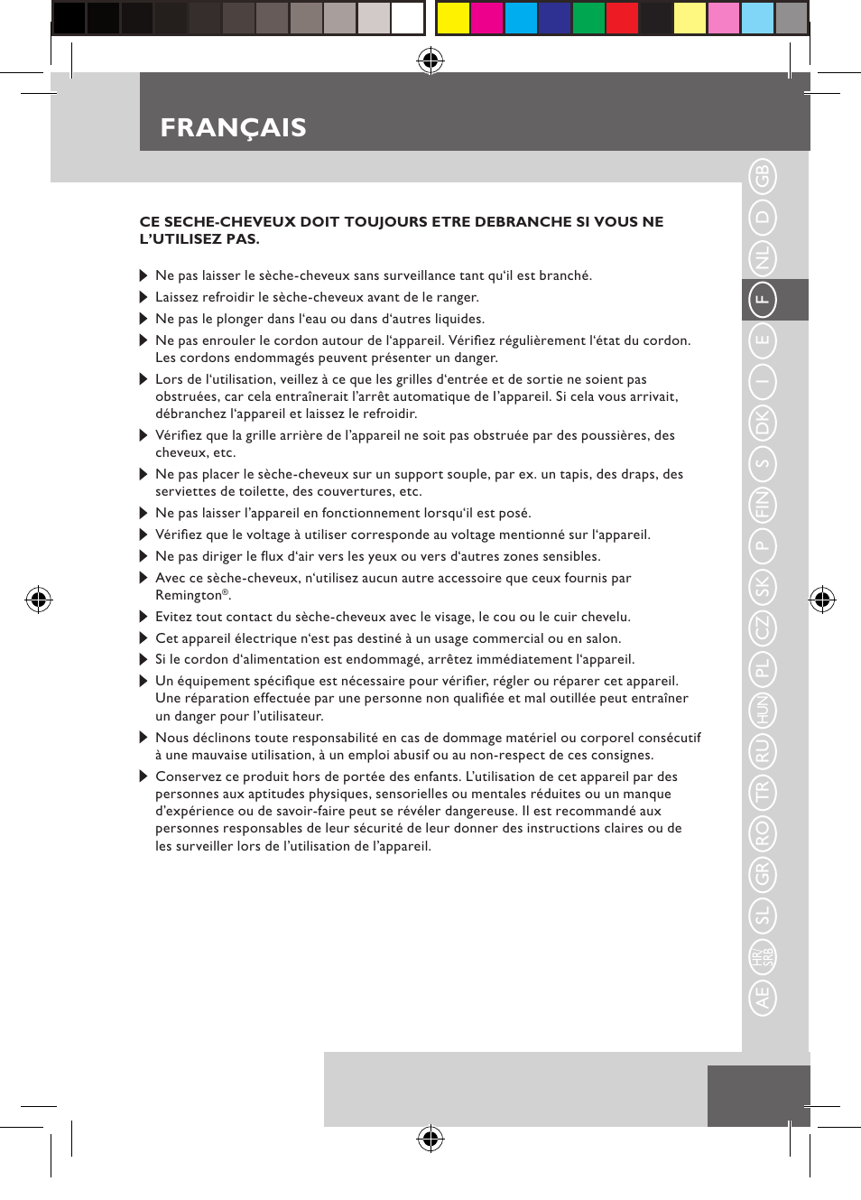 Français | Remington D3710 User Manual | Page 17 / 88