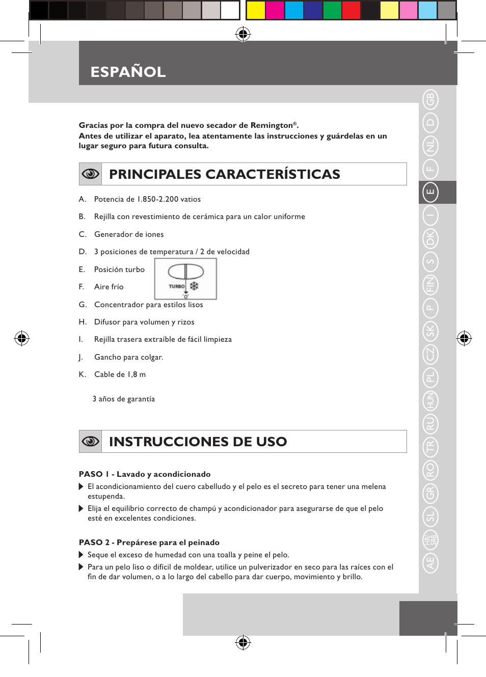 Español, Principales características, Instrucciones de uso | Remington D3710 User Manual | Page 19 / 88