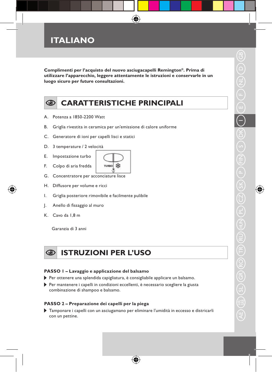 Italiano, Caratteristiche principali, Istruzioni per l’uso | Remington D3710 User Manual | Page 23 / 88
