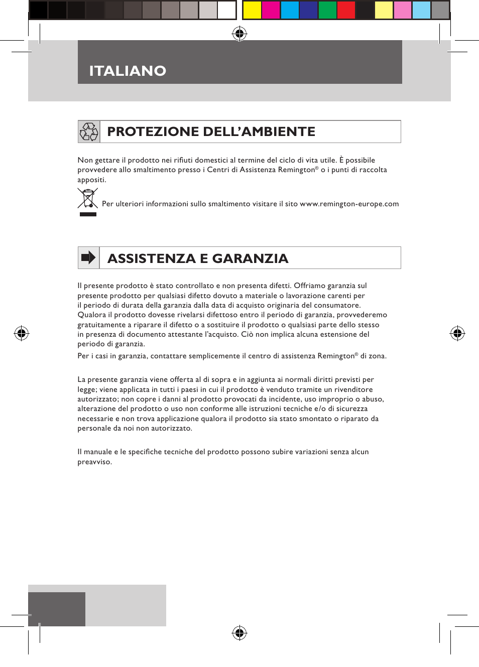 Italiano, Protezione dell’ambiente, Assistenza e garanzia | Remington D3710 User Manual | Page 26 / 88