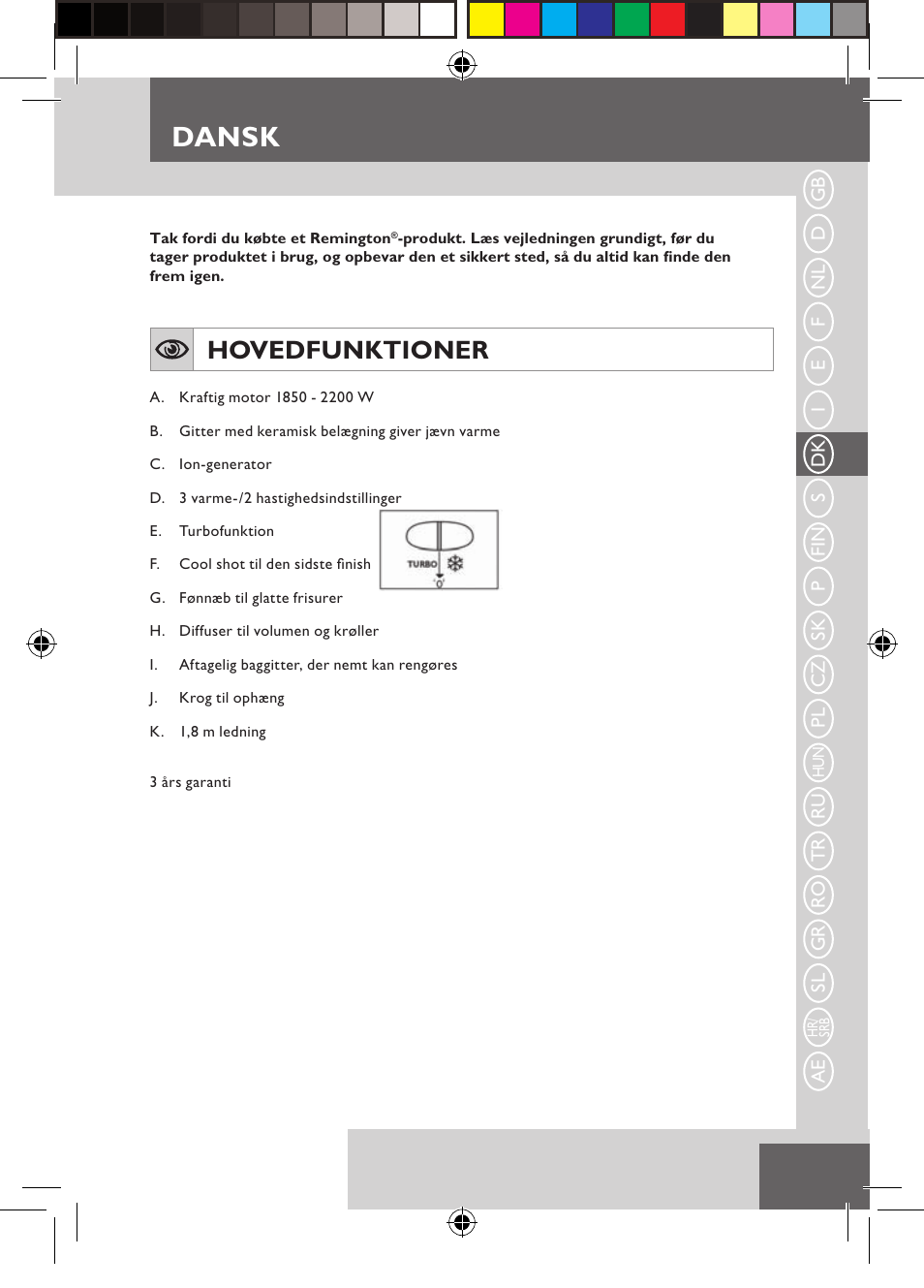 Dansk, Hovedfunktioner | Remington D3710 User Manual | Page 27 / 88