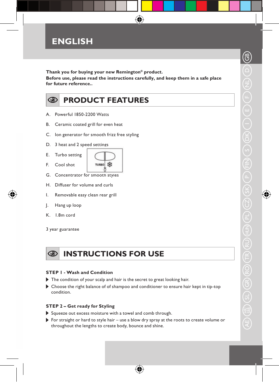 English, Product features, Instructions for use | Remington D3710 User Manual | Page 3 / 88