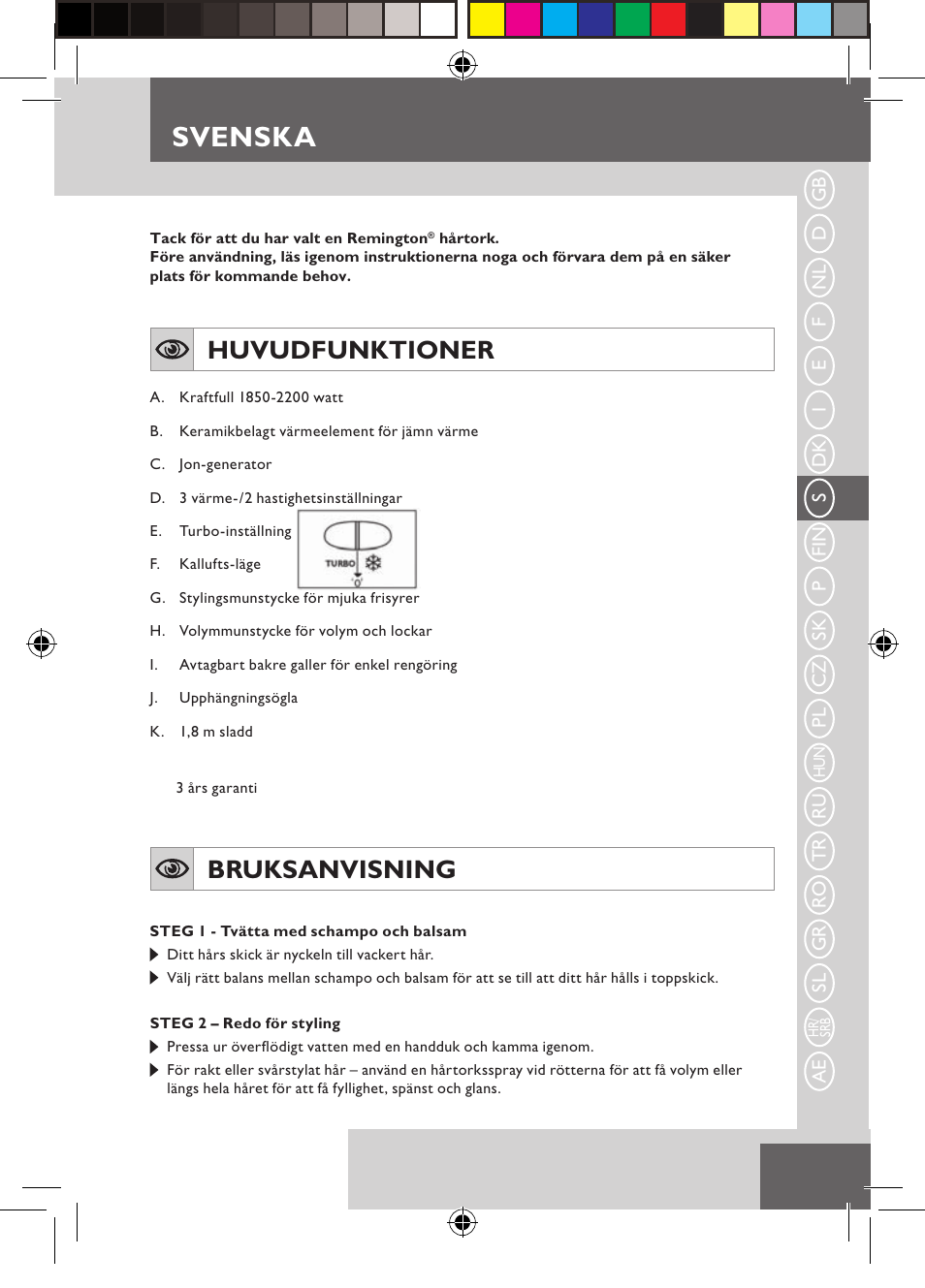 Svenska, Huvudfunktioner, Bruksanvisning | Remington D3710 User Manual | Page 31 / 88