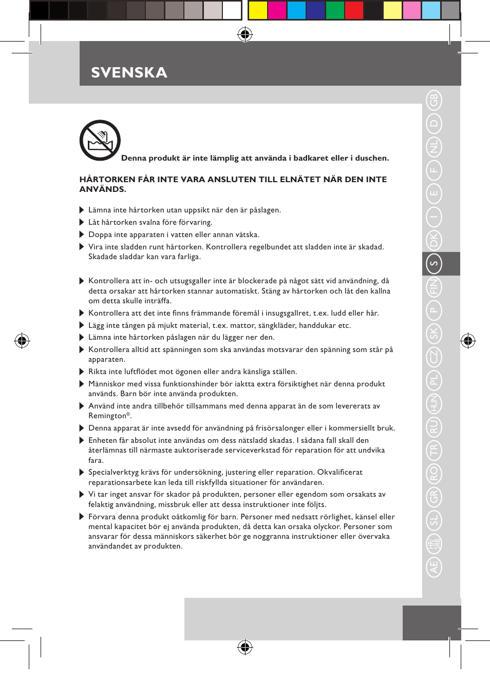 Svenska | Remington D3710 User Manual | Page 33 / 88