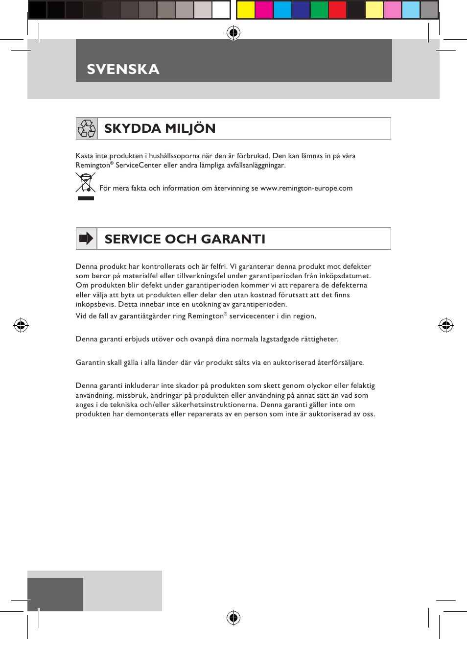 Svenska, Skydda miljön, Service och garanti | Remington D3710 User Manual | Page 34 / 88