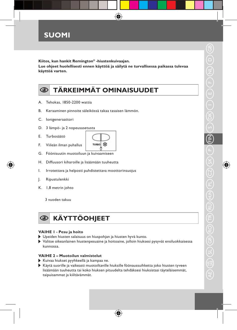 Suomi, Tärkeimmät ominaisuudet, Käyttöohjeet | Remington D3710 User Manual | Page 35 / 88