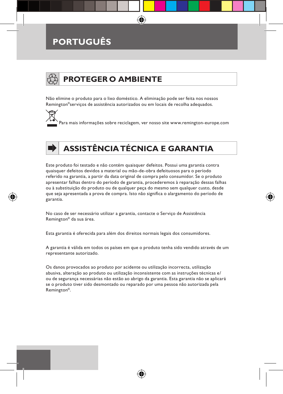 Português, Proteger o ambiente, Assistência técnica e garantia | Remington D3710 User Manual | Page 42 / 88