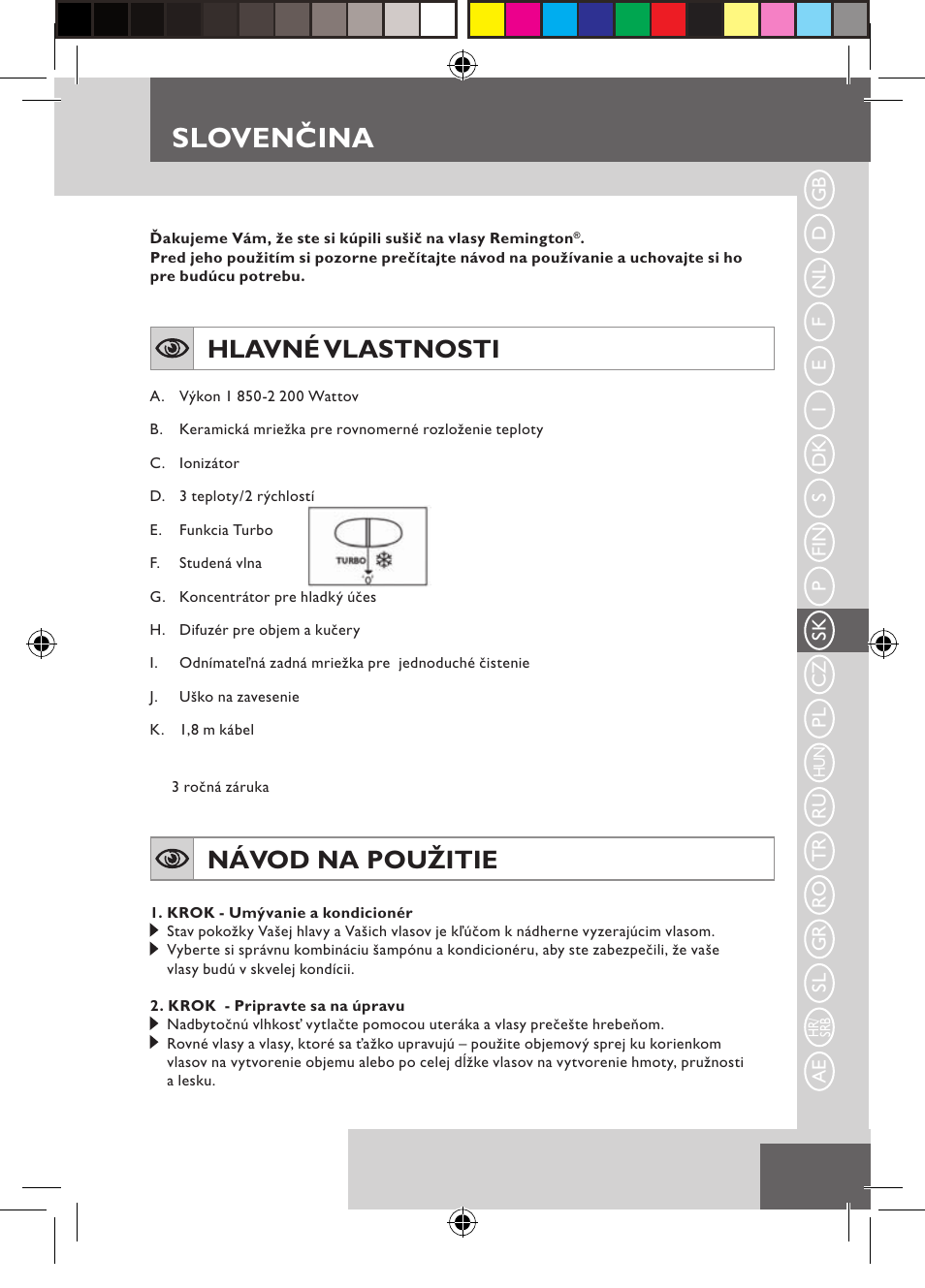 Slovenčina, Hlavné vlastnosti, Návod na použitie | Remington D3710 User Manual | Page 43 / 88