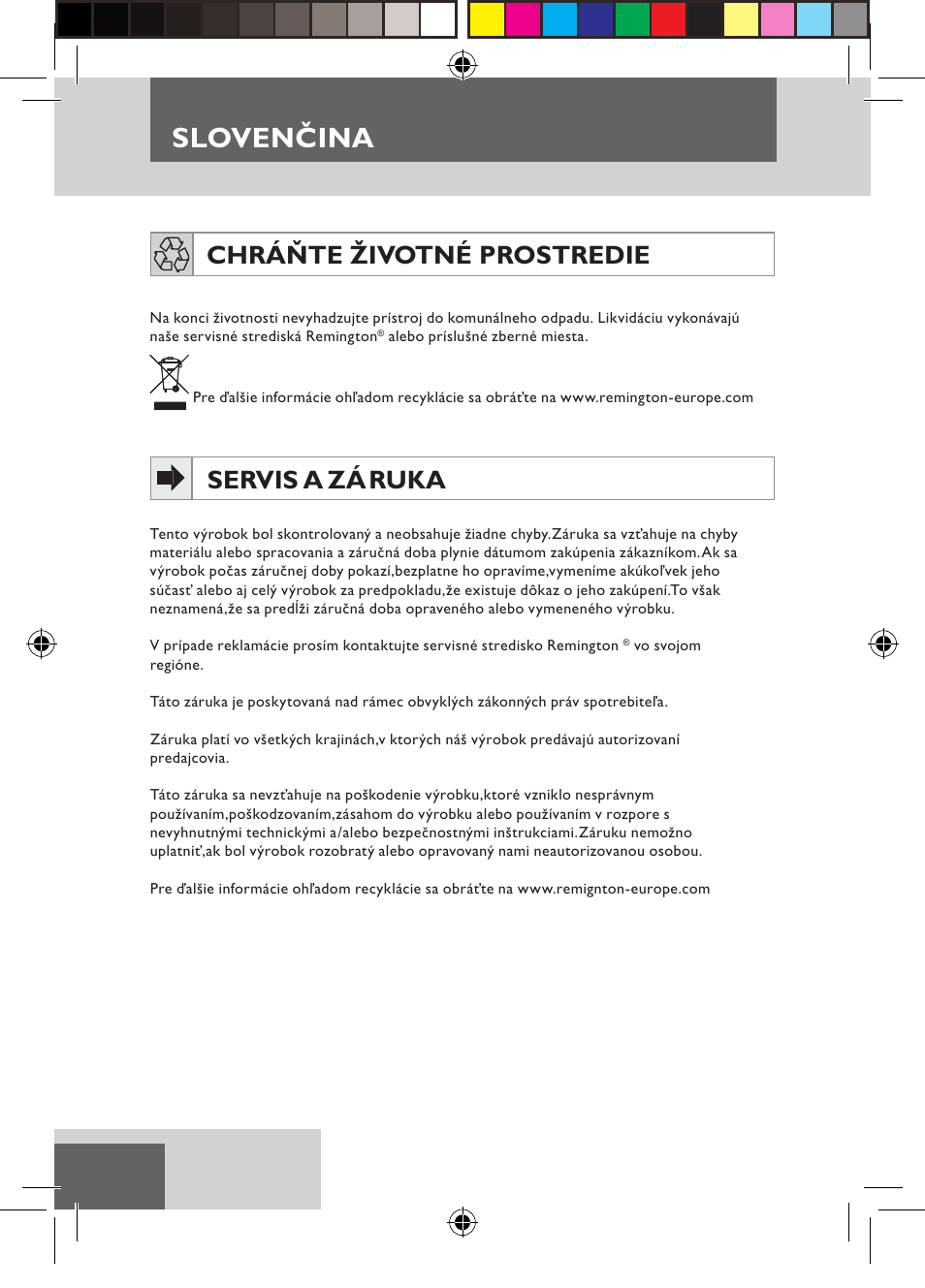 Slovenčina, Chráňte životné prostredie, Servis a zá ruka | Remington D3710 User Manual | Page 46 / 88