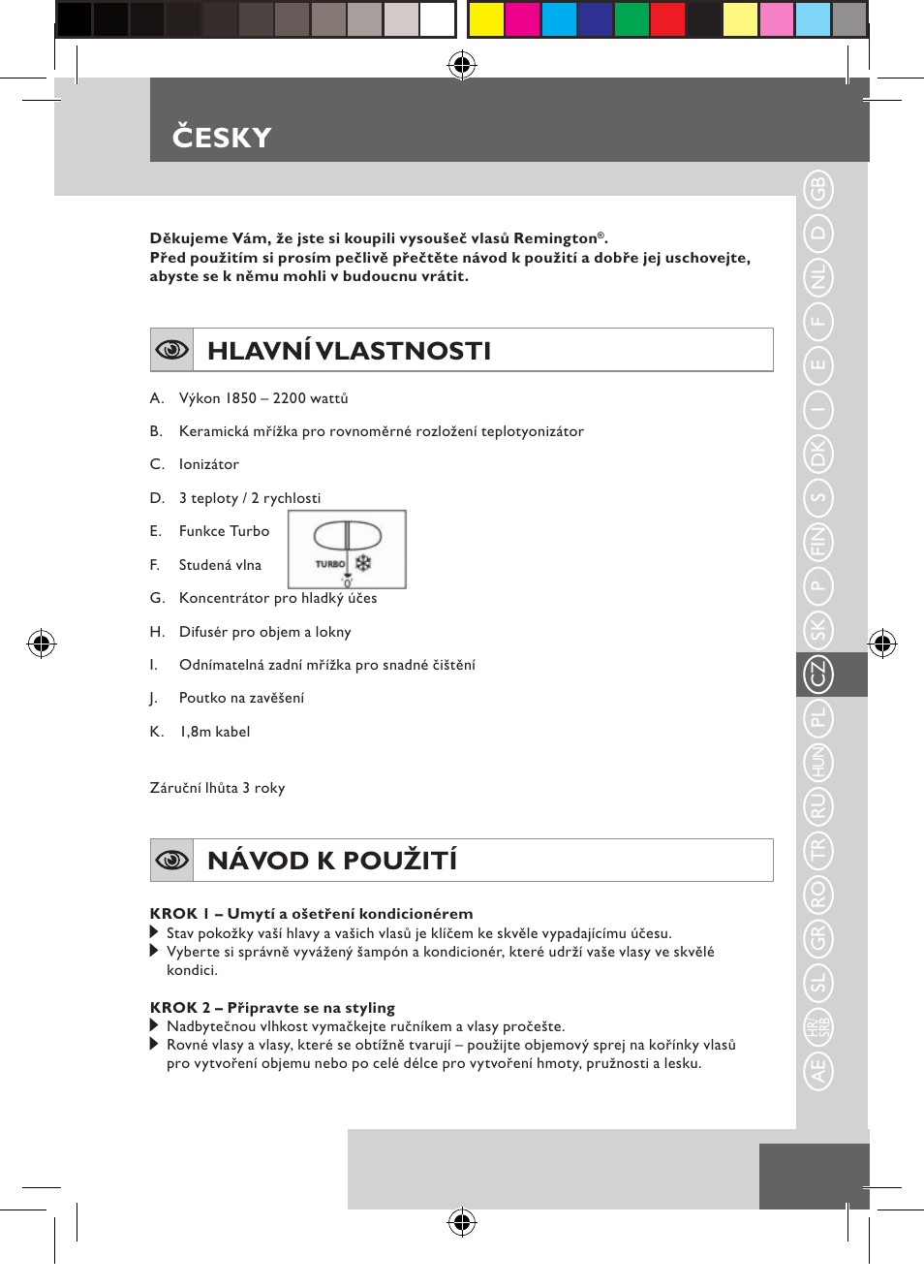 Česky, Hlavní vlastnosti, Návod k použití | Remington D3710 User Manual | Page 47 / 88