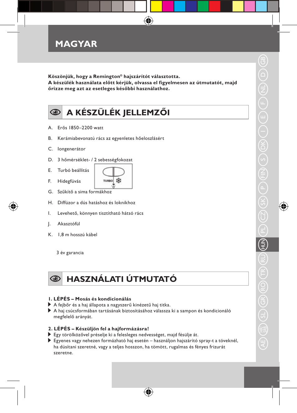 Magyar, A készülék jellemzői, Használati útmutató | Remington D3710 User Manual | Page 55 / 88