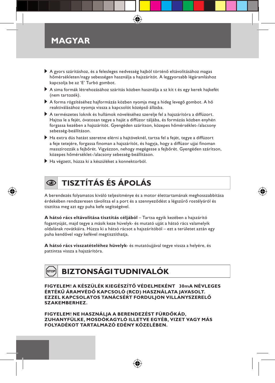 Magyar, Tisztítás és ápolás, Biztonsági tudnivalók | Remington D3710 User Manual | Page 56 / 88