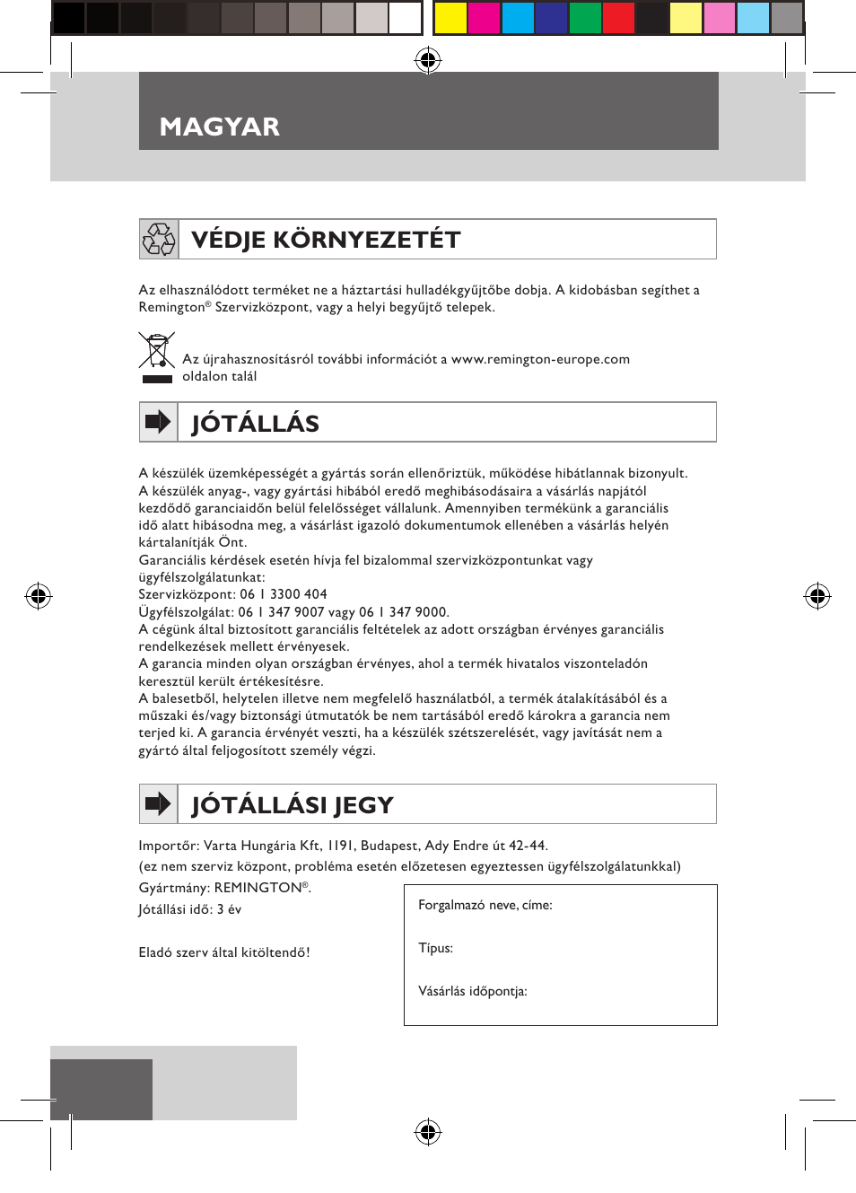 Magyar, Védje környezetét, Jótállás | Jótállási jegy | Remington D3710 User Manual | Page 58 / 88