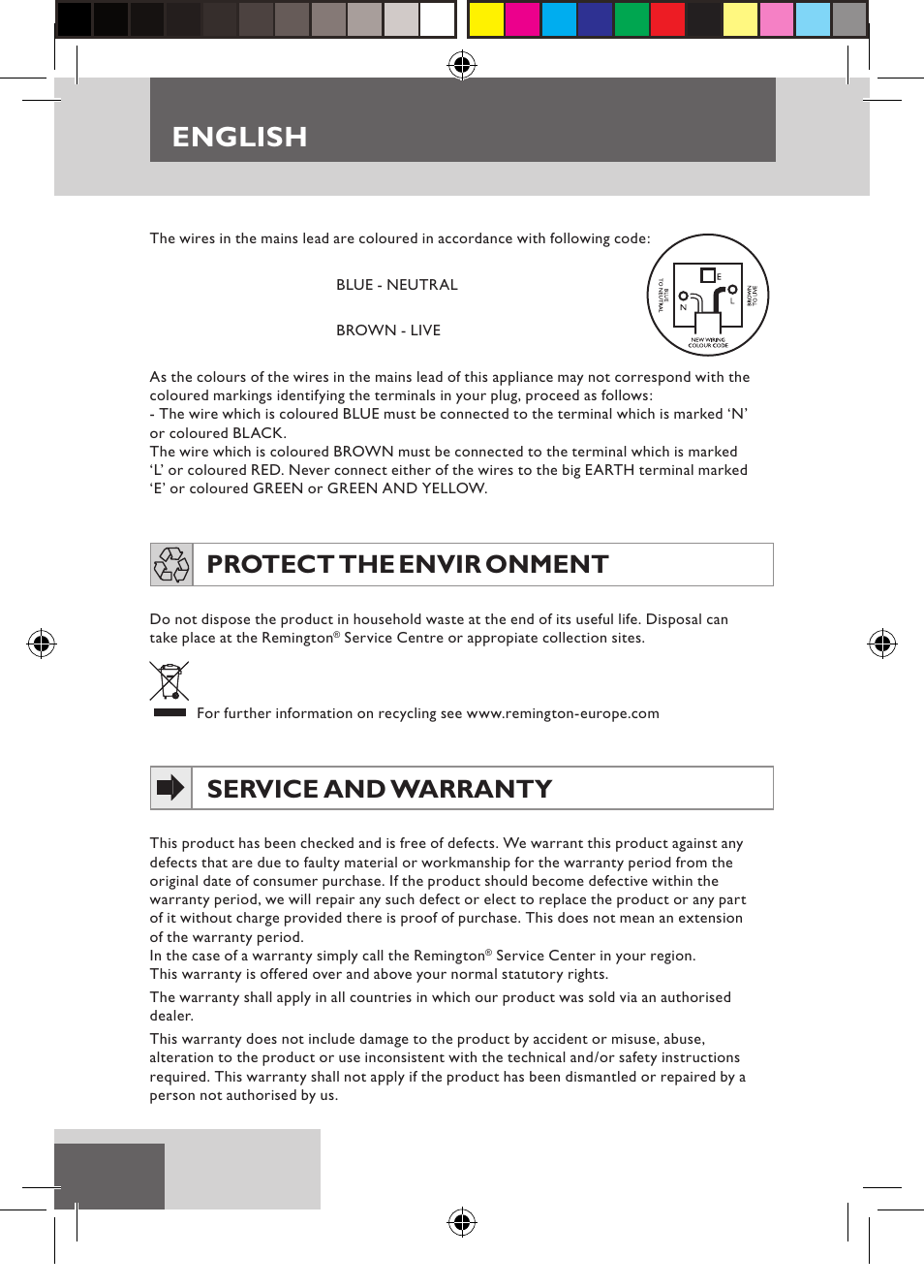 English, Protect the envir onment, Service and warranty | Remington D3710 User Manual | Page 6 / 88