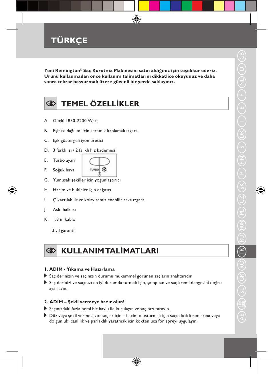 Türkçe, Temel özellikler, Kullanim talimatlari | Remington D3710 User Manual | Page 63 / 88