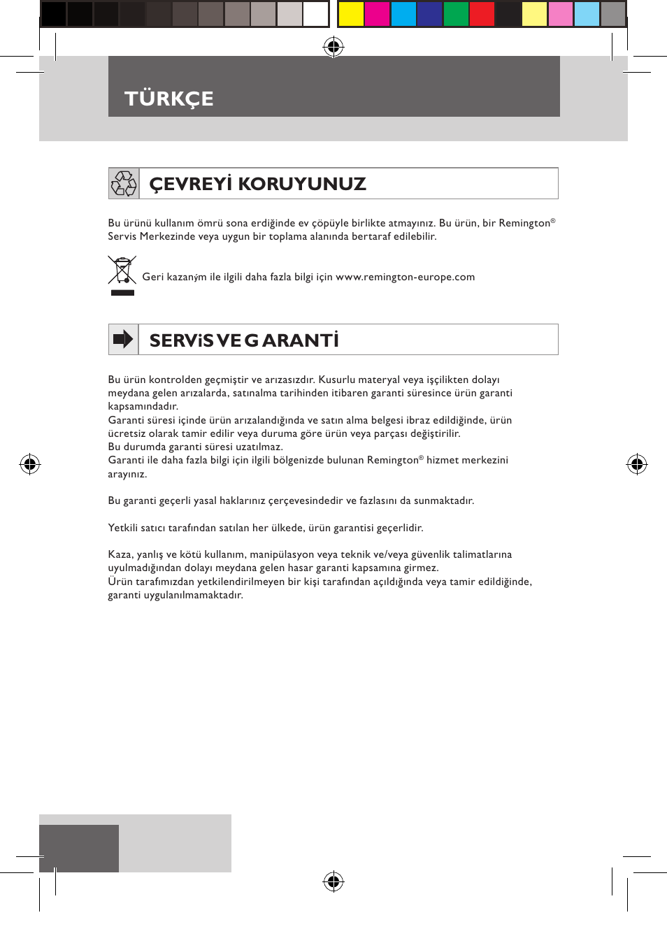 Türkçe, Çevreyi koruyunuz, Servis ve g aranti | Remington D3710 User Manual | Page 66 / 88