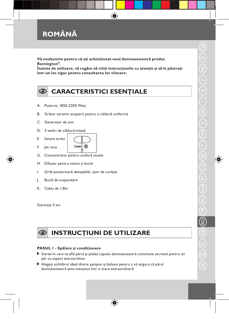 Română, Caracteristici esenţiale, Instrucţiuni de utilizare | Remington D3710 User Manual | Page 67 / 88