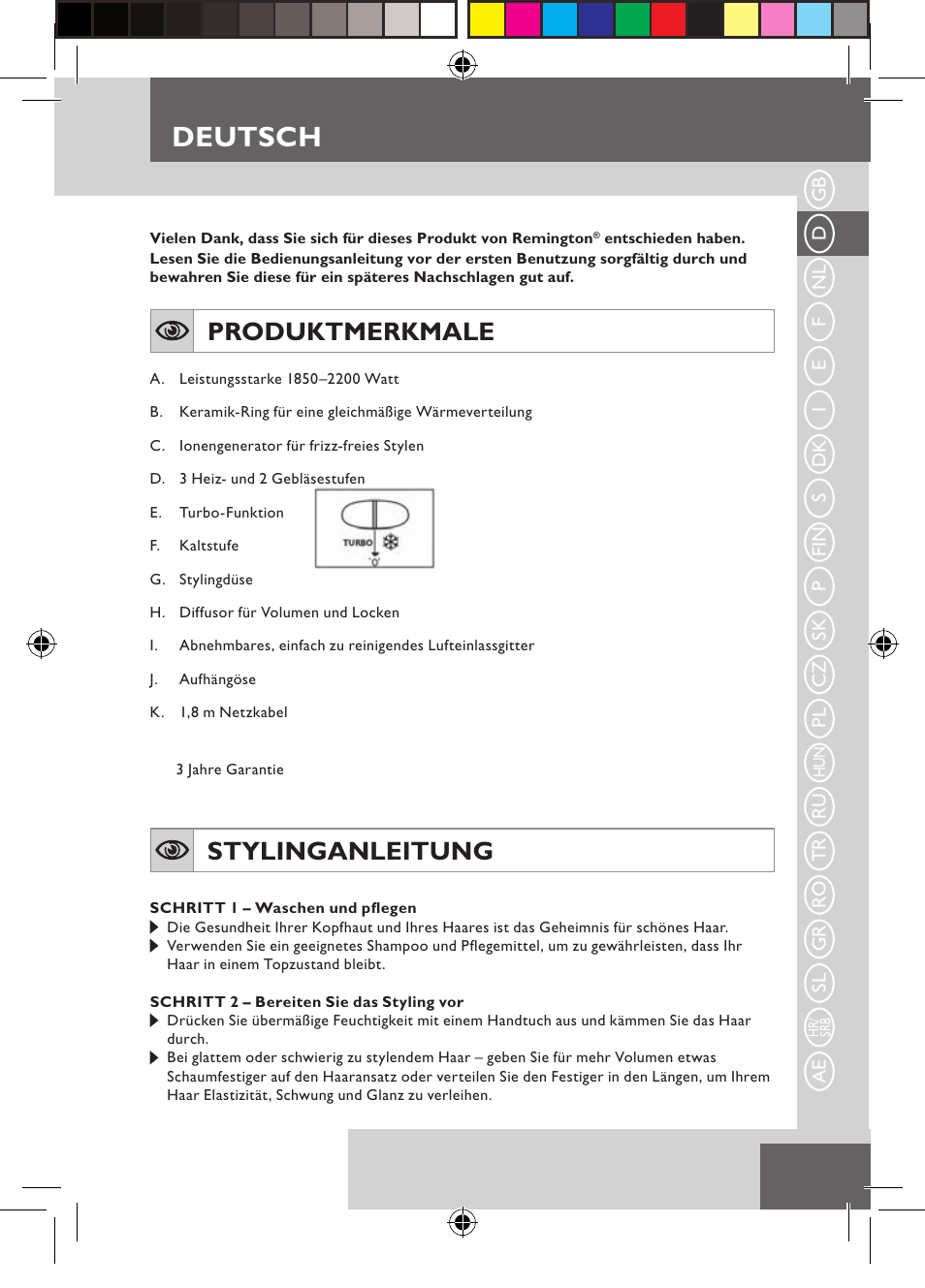 Deutsch, Produktmerkmale, Stylinganleitung | Remington D3710 User Manual | Page 7 / 88