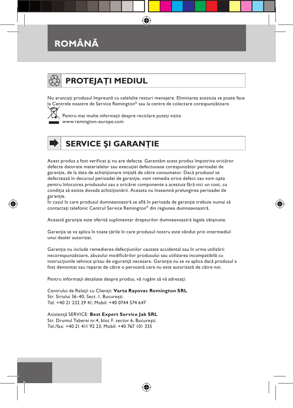 Română, Protejaţi mediul, Service şi garanţie | Remington D3710 User Manual | Page 70 / 88