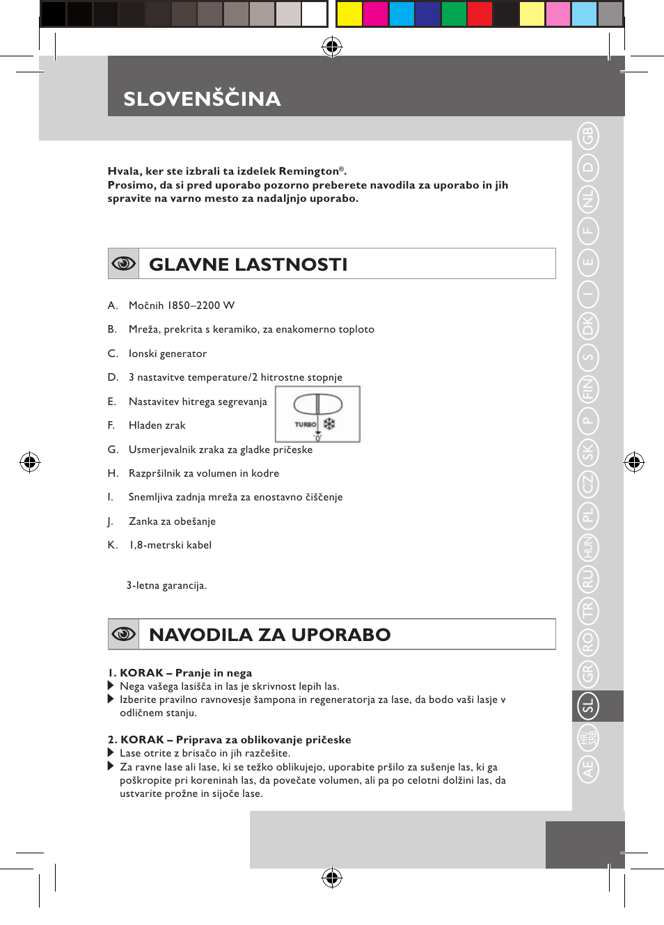 Slovenščina, Glavne lastnosti, Navodila za uporabo | Remington D3710 User Manual | Page 75 / 88