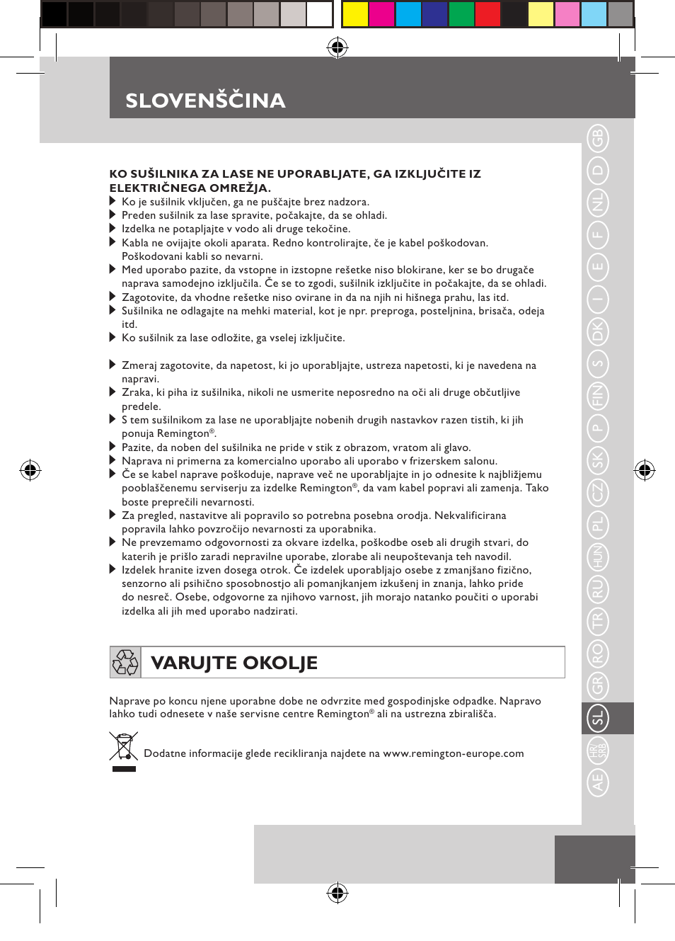 Slovenščina, Varujte okolje | Remington D3710 User Manual | Page 77 / 88