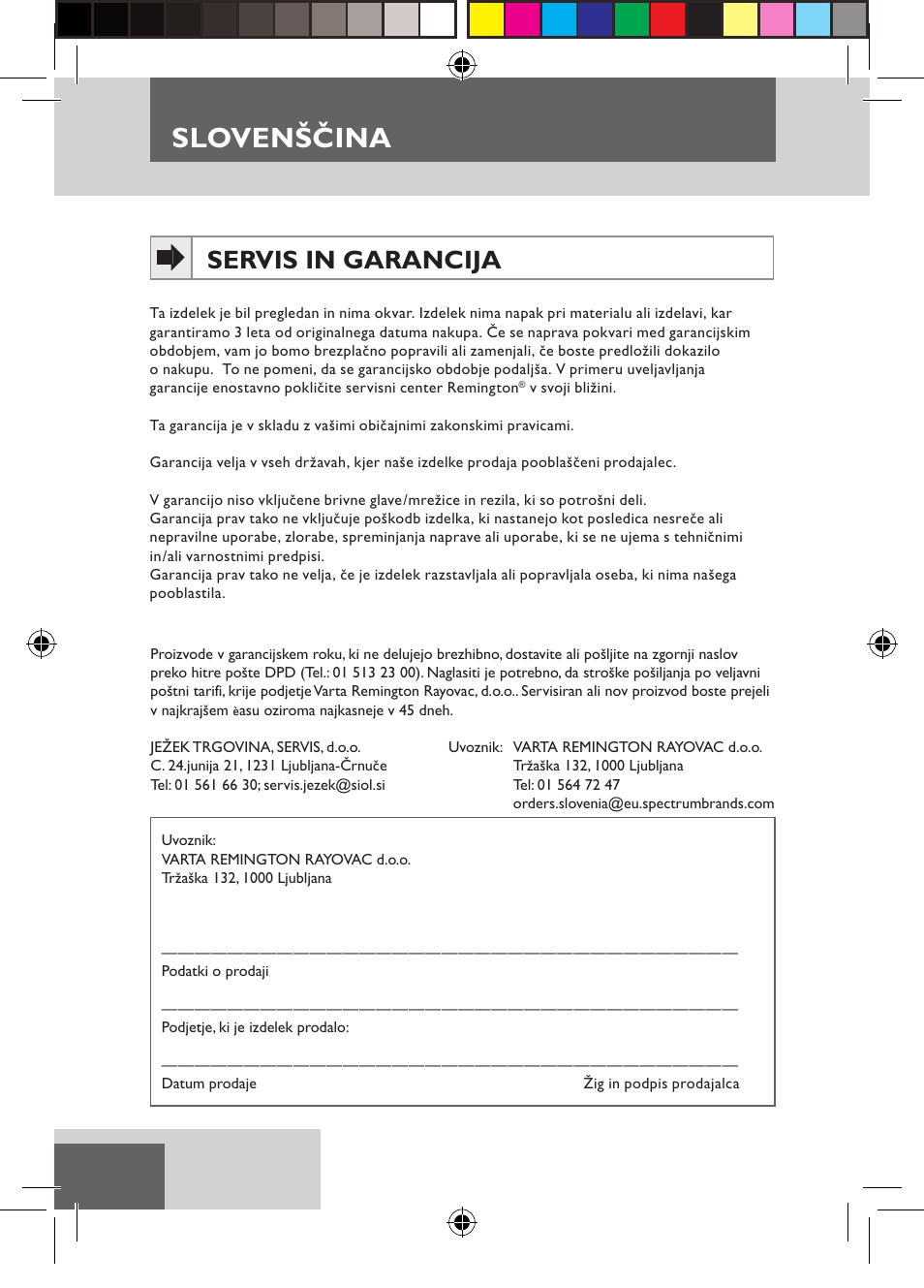 Slovenščina, Servis in garancija | Remington D3710 User Manual | Page 78 / 88
