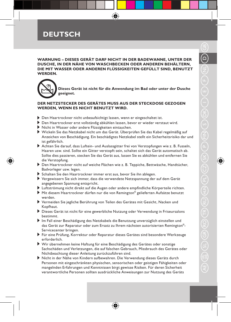 Deutsch | Remington D3710 User Manual | Page 9 / 88