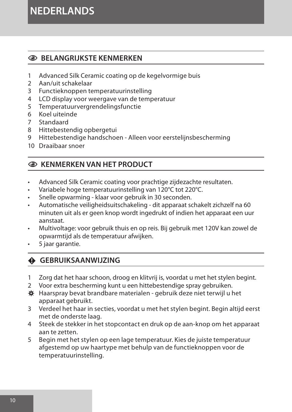 Nederlands | Remington CI96W1 User Manual | Page 10 / 68