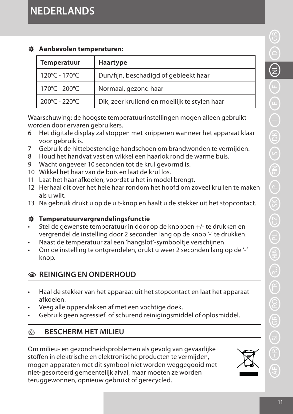 Nederlands | Remington CI96W1 User Manual | Page 11 / 68