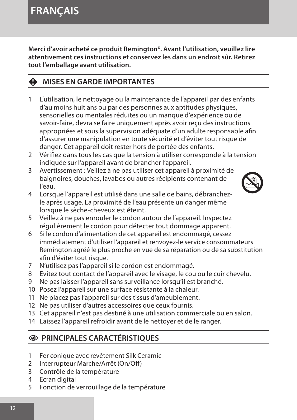 Français | Remington CI96W1 User Manual | Page 12 / 68