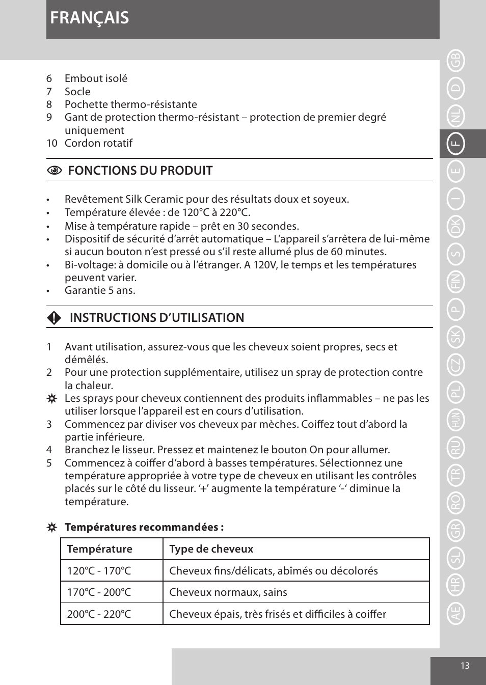 Français | Remington CI96W1 User Manual | Page 13 / 68