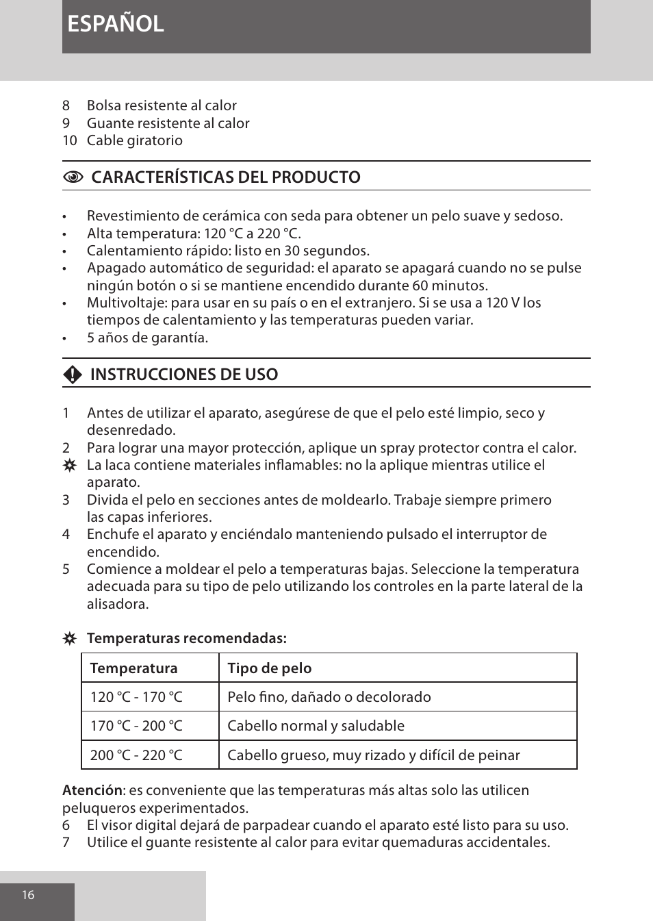 Español | Remington CI96W1 User Manual | Page 16 / 68