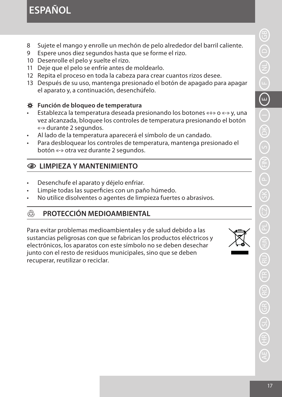 Español | Remington CI96W1 User Manual | Page 17 / 68