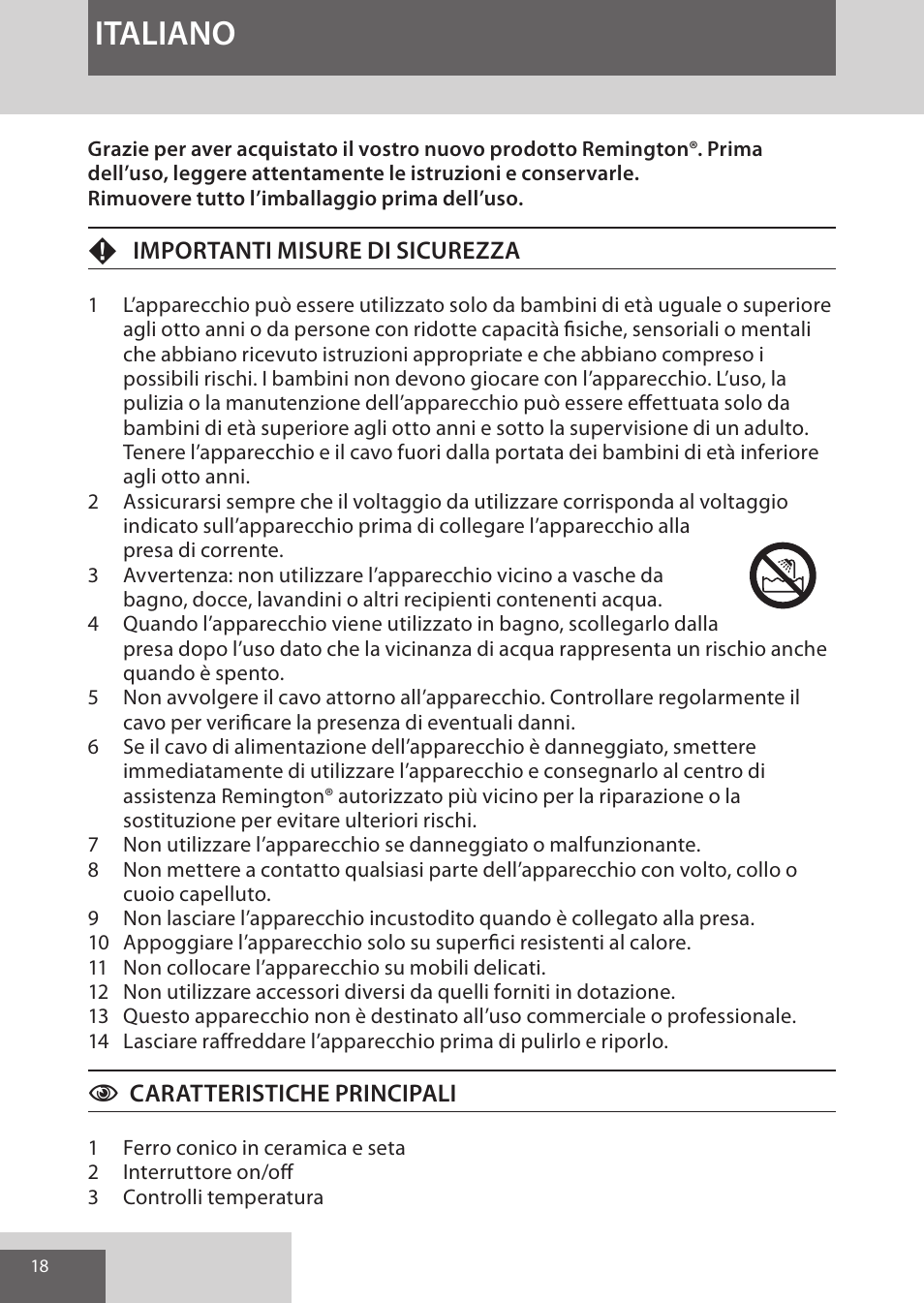Italiano | Remington CI96W1 User Manual | Page 18 / 68