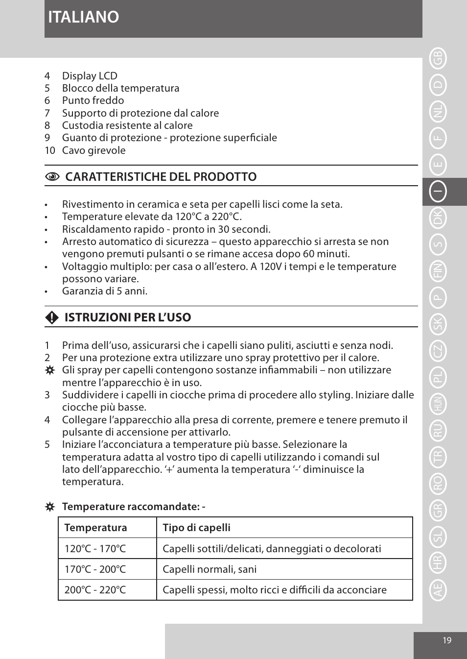 Italiano | Remington CI96W1 User Manual | Page 19 / 68