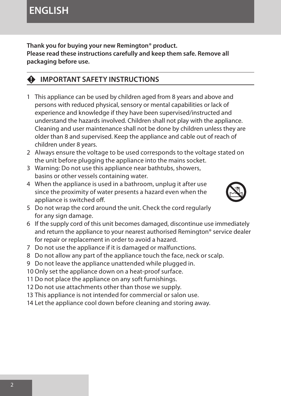 English | Remington CI96W1 User Manual | Page 2 / 68